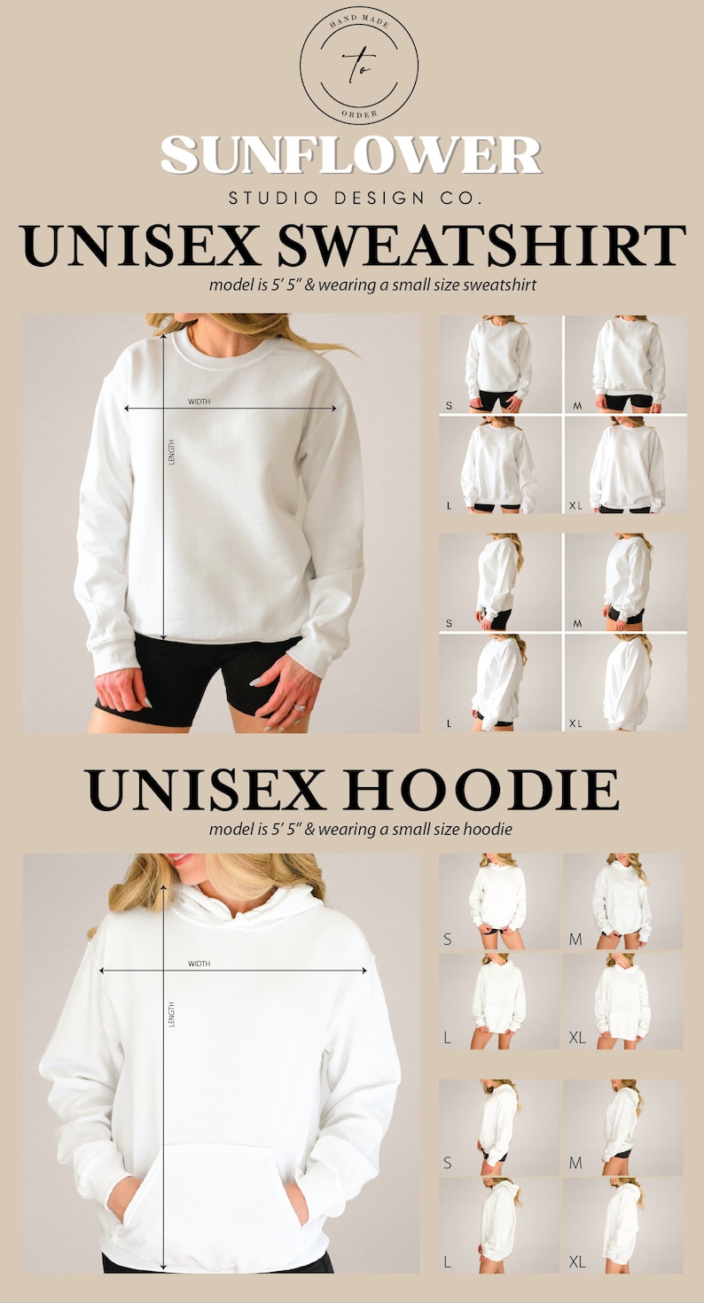 May include: White unisex sweatshirt and hoodie with size chart. The model is wearing a small size sweatshirt and hoodie. The measurements are in inches.