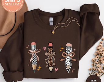Coquette Pencil Sweatshirt, Aesthetic Teacher Pullover, Retro Bow School Crewneck, Cute Back to School Jumper, Trendy Fall Educator Gift