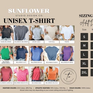 May include: Unisex t-shirt sizing chart with a variety of color options. The chart shows the width and length measurements in inches for sizes S, M, L, XL, and 2XL. The chart also includes information about the fabric composition of the shirts, which are made from 52% cotton and 48% polyester.