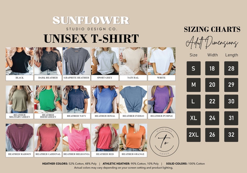 May include: Unisex t-shirt sizing chart with a variety of color options. The chart shows the width and length measurements in inches for sizes S, M, L, XL, and 2XL. The chart also includes information about the fabric composition of the shirts, which are made from 52% cotton and 48% polyester.