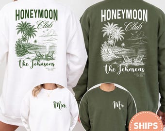 Honeymoon Club Sweatshirt, Matching Hubby and Wifey Crewneck, Custom Newlywed Gift, Retro Just Married Sweater, Cozy Bridal Shower Gift