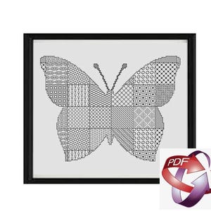 May include: A black and white cross stitch pattern of a butterfly displayed in a black frame. The butterfly wings are divided into multiple square sections, each featuring a unique geometric pattern composed of black lines on a white background.