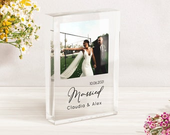 Personalized Clear Picture Frame | Custom Wedding Photo Plaque | Married Couple Desk Gift