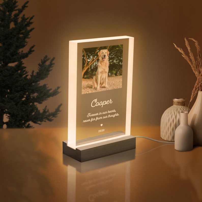 May include: A white acrylic light-up memorial plaque with a photo of a golden retriever dog. The plaque has the dog's name "Cooper" and the text "Forever in our hearts, never far from our thoughts. 2020"