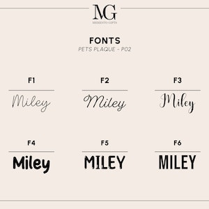 May include: Six different font styles for the name "Miley" displayed on a white background. The text "FONTS" and "PETS PLAQUE - PO2" are displayed above the fonts. The text "MG MEMENTO GIFTS" is displayed in the top left corner.