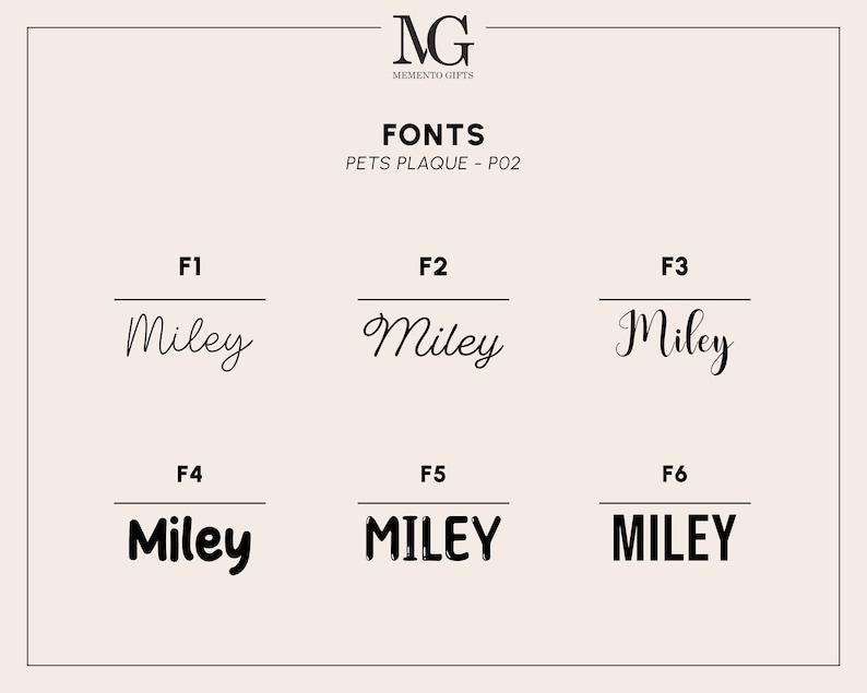 May include: Six different font styles for the name "Miley" displayed on a white background. The text "FONTS" and "PETS PLAQUE - PO2" are displayed above the fonts. The text "MG MEMENTO GIFTS" is displayed in the top left corner.