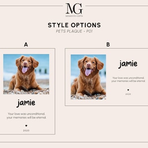 May include: Two different styles of pet memorial plaques with a photo of a brown dog. The text on the plaque reads "jamie" and "Your love was unconditional, your memories will be eternal. 2020".