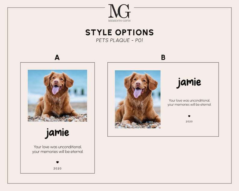 May include: Two different styles of pet memorial plaques with a photo of a brown dog. The text on the plaque reads "jamie" and "Your love was unconditional, your memories will be eternal. 2020".