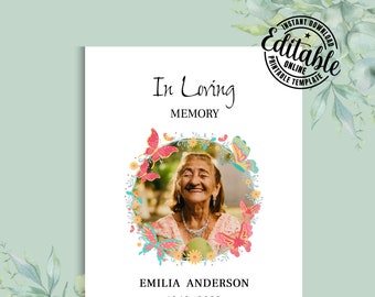 Editable Butterfly Funeral Program Template, celebration of life memorial template program, obituary template for women