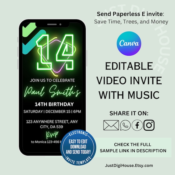 14th Birthday Video Invitation For boy or Girl | Green Neon Digital Invitation | Text Party Invite | Editable Canva Template