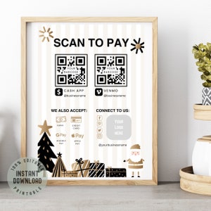 Thème de Noël modifiable Scan to Pay Card, modèle Canva modifiable, modèle de signe de code QR, panneau CashApp PayPal Sign Venmo pour les petites entreprises
