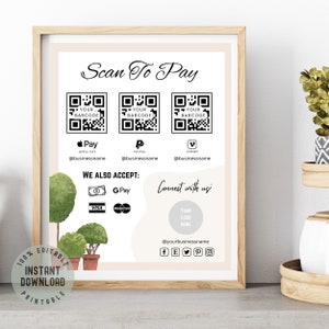 Carte Scan to Pay modifiable, modèle Canva modifiable, modèle de signe de code QR, panneau CashApp PayPal Sign Venmo pour les petites entreprises