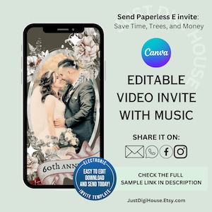 Editable 60th Diamond wedding anniversary digital mobile video invitation with music: Celebrating 60 years together party electronic invite