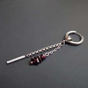 Raw Garnet Stainless Steel Hoop Earring: Long Dangle, Unisex Single earring for men