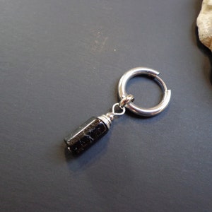 Mono hoop earring, Black Tourmaline earring, Men's earrings, Raw stone earrings, Unisex earrings, Hoop with charm, Silver hoops, Stone hoop