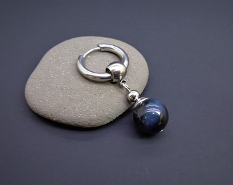 Blue Tiger's eye mono earring, Men's earrings, Detachable pendant, Unisex stone earring, Boho earring, Gemstone earrings, Minimalist earring