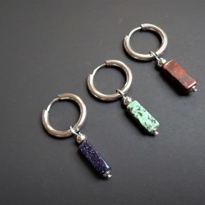 Mono earring, Blue sandstone Green spot jasper Red jasper Man's earrings, Natural stone earrings, Single hoop earring, Stainless steel hoop image 2