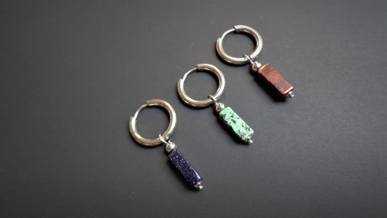 Mono earring, Blue sandstone Green spot jasper Red jasper Man's earrings, Natural stone earrings, Single hoop earring, Stainless steel hoop image 2