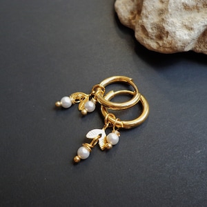 Dainty pearl earrings, Gold earrings, Hoop earrings, Wedding jewelry, Small hoops, Charm hoop earrings, Small earrings, Earring women
