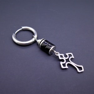 Black onyx earring, Single earring, Unisex cross earring, Man&#39;s earrings, Natural stone earrings, Mono dangle earring, Stainless steel hoop
