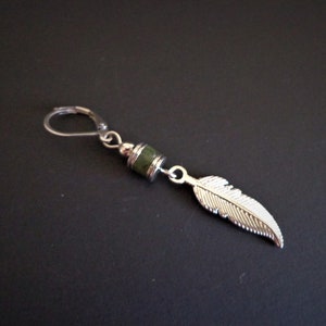 Green Jade Feather Earring: Stainless Steel Dangle, Unisex Boho Single earring for men