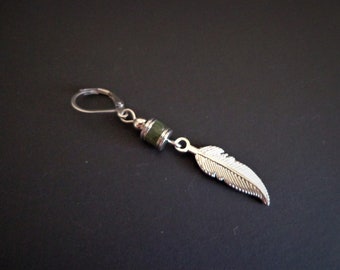 Green Jade Feather Earring: Stainless Steel Dangle, Unisex Boho Single earring for men