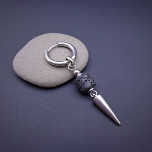 Lava stone mono earring, Men&#39;s earrings, Single hoop, Unisex stone earring, Black stone earrings, Minimalist earring, Spike earring
