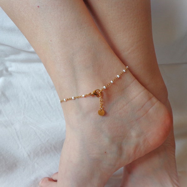 Gold anklet for women, White or black pearl anklet, Chain anklet, Dainty anklet, Bracelet for ankle, Anklet for bride, Gold body jewelry