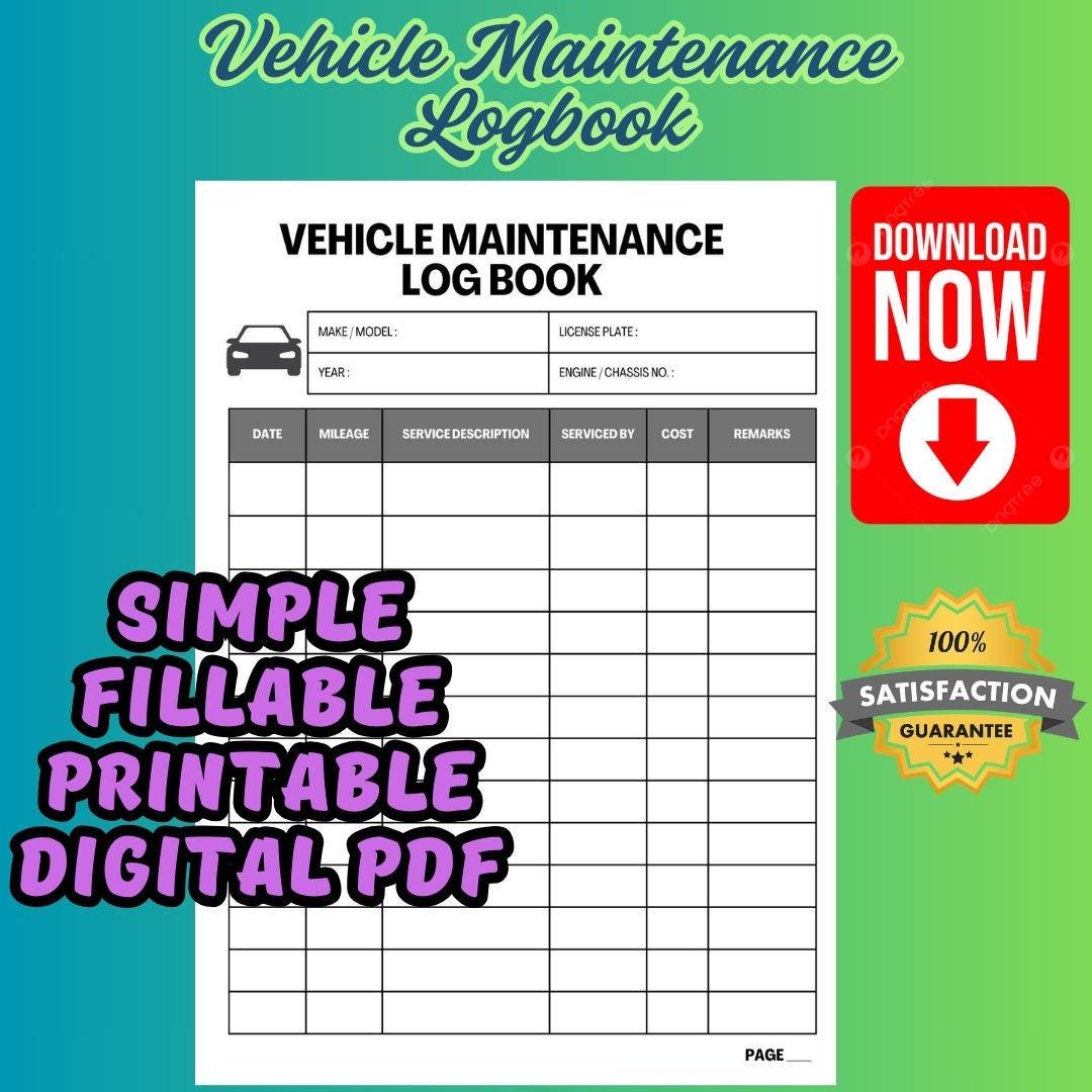 Printable Vehicle Maintenance Log Book Track Car Repairs, Oil Changes ...