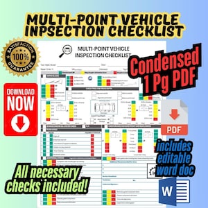 May include: A multi-point vehicle inspection checklist with a satisfaction guarantee badge and a download button. The checklist includes sections for wiper blades, tyre tread, and fluid levels. Text on the image says "All necessary checks included!"