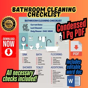 Peut inclure: Une liste de contrôle de nettoyage de salle de bain imprimable avec une illustration de dessin animé d'une salle de bain. La liste de contrôle comprend des sections pour l'évier, la baignoire, les toilettes, la douche, le sol et des éléments supplémentaires. La liste de contrôle est intitulée "Liste de contrôle de nettoyage de salle de bain" et comprend le texte "Condensed 1 Pg PDF" et "includes editable word doc".