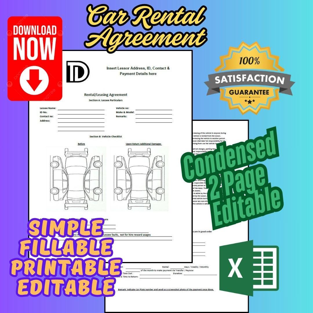 Car Rental Agreement Template, Customizable Legal Contract (instant ...