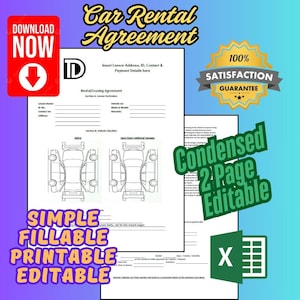 Op de afbeelding: Een printbare huurovereenkomst voor een auto in een groen-wit kleurenschema. De sjabloon is gelabeld "Condensed 2 Page Editable" en bevat een auto-icoon. De tekst "Simple Fillable Printable Editable" is ook inbegrepen.