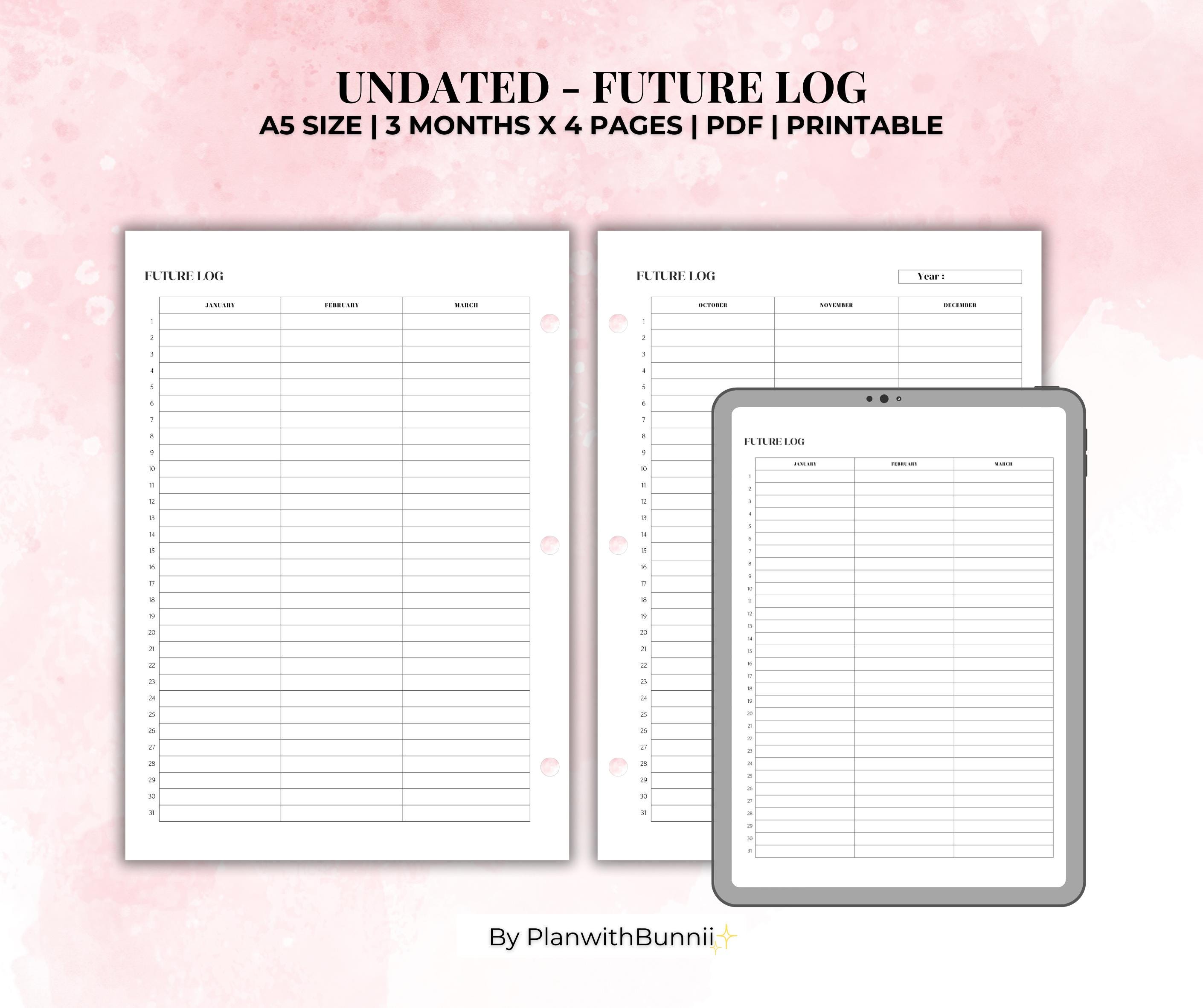 Yearly Undated Future Log Printable, PDF, A5 Insert, Instant Digital ...