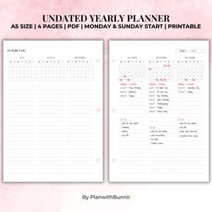 Peut inclure: Un planificateur annuel non daté imprimable au format A5 sur quatre pages. Le planificateur comprend une section de journal futur pour juillet, août et septembre. La section principale du planificateur comprend des calendriers pour octobre, novembre et décembre avec de l'espace pour écrire les jours fériés et les listes de choses à faire.
