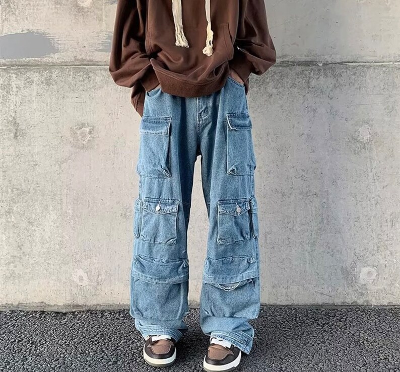 Mens Cargo Pants Baggy Jeans Multipocket Blue Denim Y2K Etsy