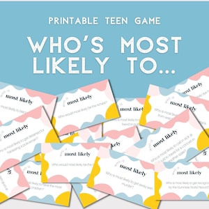 Juego de fiesta en PDF imprimible con 63 cartas de Quién es más probable. Perfecto para cumpleaños de adolescentes, reuniones de amigos o reuniones. Juegos De Fiesta Adolescente