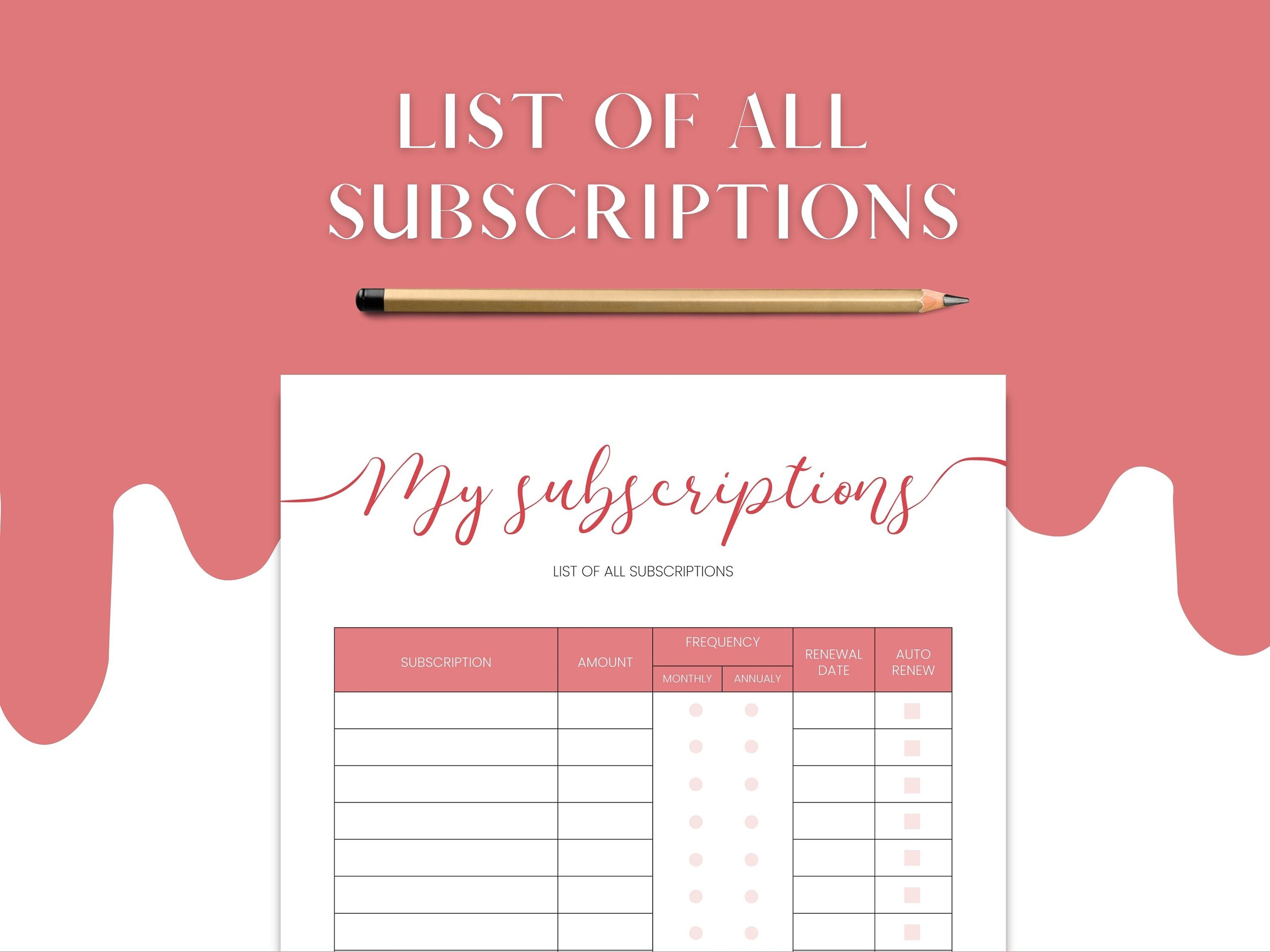 Printable Subscription Tracker, Monthly Subscription, Membership ...