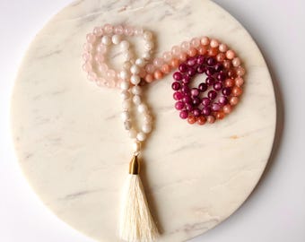 Divine Feminine Mala: Moonstone, Rose Quartz & Pearl 108 Bead Necklace