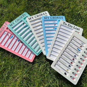 May include: Five different chore charts with colourful borders and icons. The charts are labelled "My Chores" and "To Do List". Each chart has a list of chores with checkboxes next to them.