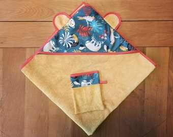 Cape de bain bébé et gant de toilette 90x90 cm