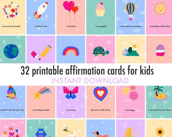 32 kids affirmation cards printable, daily affirmations, positivity cards, kids mindfulness, encouragement cards, printable gift for kids
