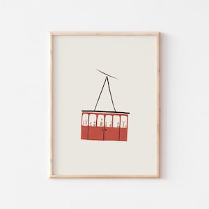 Skiliftprint, minimalistische prints, skiprint, skiërkunstwerk, kunst aan de muur skigondel, skihutkunst