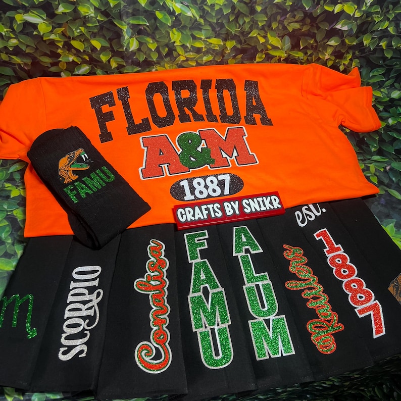 Może przedstawiać: Czarna plisowana sp&oacute;dnica z r&oacute;żnymi naszywkami, w tym "Florida A&M 1887", "Scorpio", "Conalissa", "FALUM" i "1887". Naszywki są wykonane z zielonego i pomarańczowego brokatu. Czarna skarpetka z zielonym wężem i "FAMU" w białych literach znajduje się na g&oacute;rze sp&oacute;dnicy. Pomarańczowa koszulka z "Florida A&M 1887" w czarnym brokacie znajduje się na g&oacute;rze sp&oacute;dnicy i skarpetki. Czerwony znak z "CRAFTS BY SNIKR" w białych literach znajduje się na g&oacute;rze sp&oacute;dnicy.