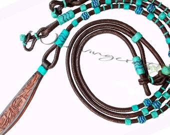 Rênes Romal en cuir faites main : corde ranch tressée avec noeuds turquoise