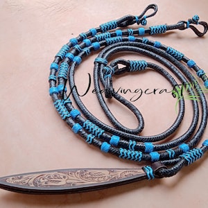 Handmade Braided Rawhide Romal Reins: Turquoise Leather, Equestrian Ranch Rope