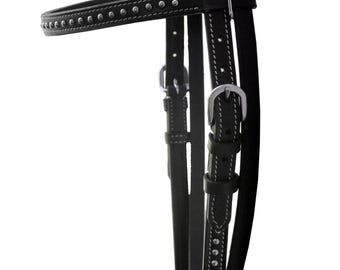 Leather Headstall Bridle, Rawhide Braided Browband, Studded Black Hair Tassels  set 8 pcs together