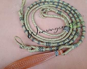 WeavingCraft Handgjorda Råhud Läder Romal Tyglar: Flätat Ridrep för Hästridning i Ranchstil SRM075