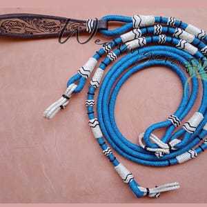 WeavingCraft Handmade RawHide romal reins custom braided reins Horse riding ranch rope equestrian Turquoise Romal Reins Raw Hide Leather 301