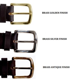 May include: Three leather belts with brass buckles in different finishes: golden, silver, and antique.